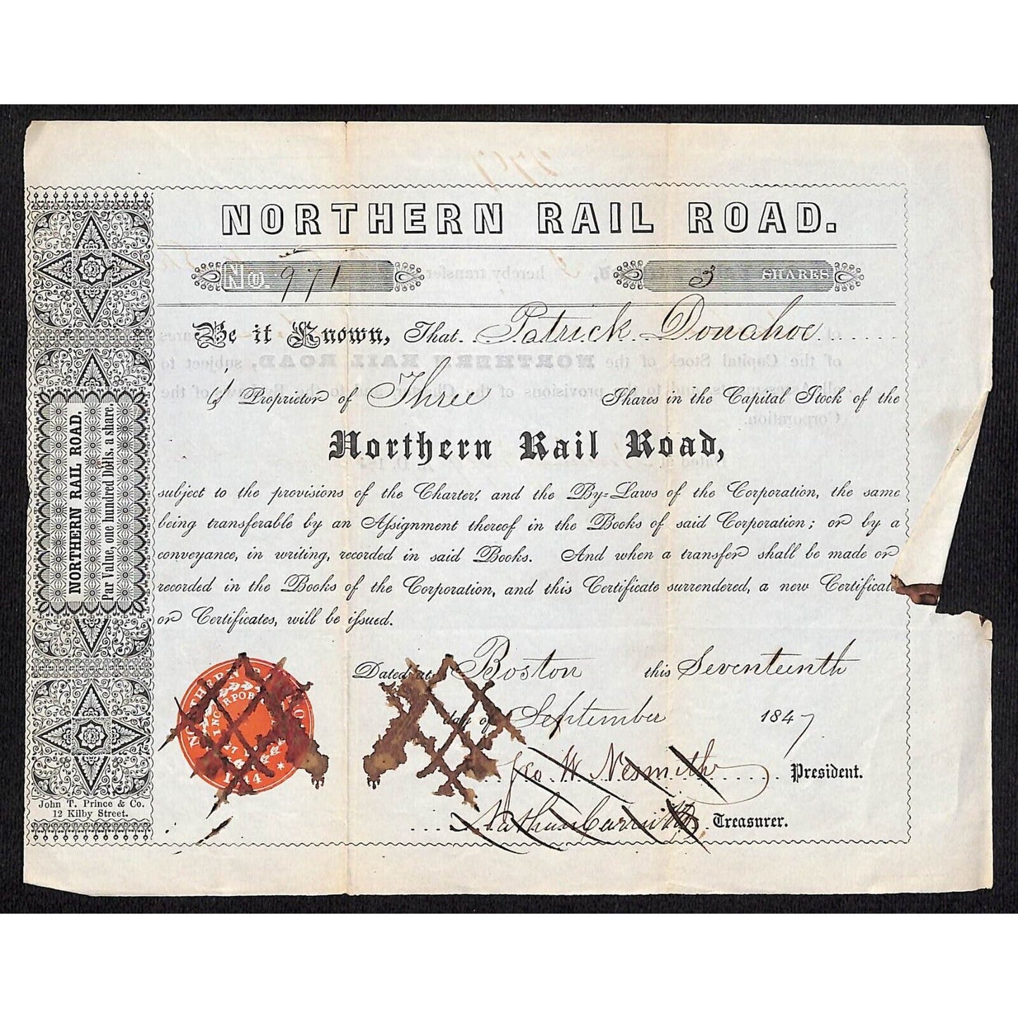 1847 Boston, MA Northern Railroad Stock Certificate No. 971 for 3 Shares
