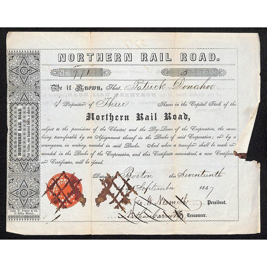 1847 Boston, MA Northern Railroad Stock Certificate No. 971 for 3 Shares