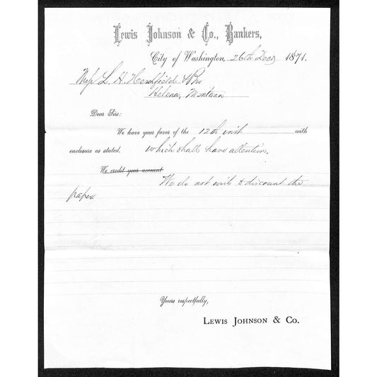 "City of Washington" DC Lewis & Johnson Bankers 1871 Receipt L.H. Hershfield*