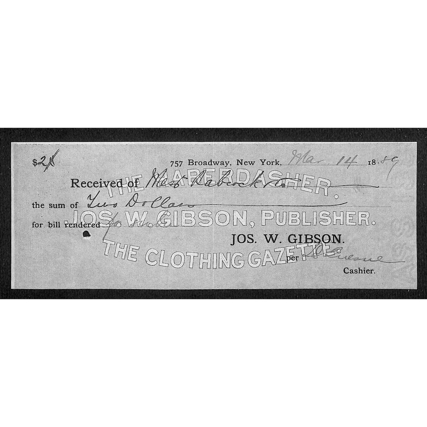 "The Haberdasher" "The Clothing Gazette" New York 1889 Receipt / Billhead