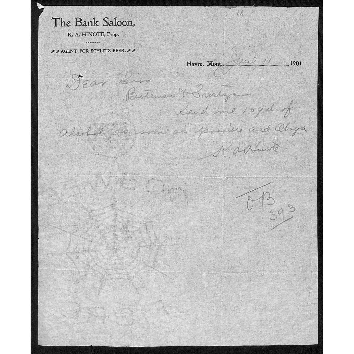 Havre, MT "The Bank Saloon" Agent Schlitz Beer 1901 Letterhead - Bateman Switzer