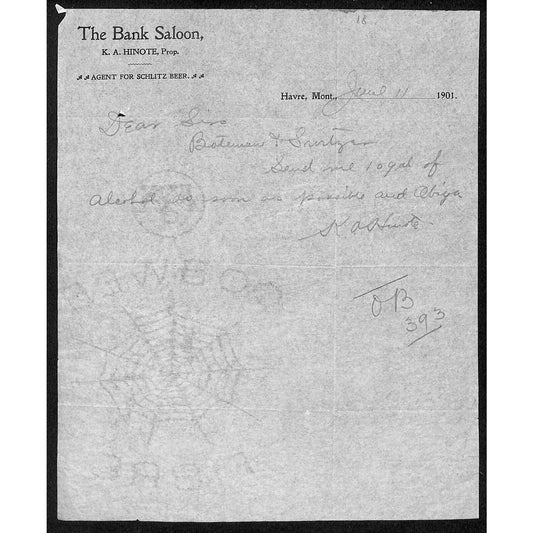 Havre, MT "The Bank Saloon" Agent Schlitz Beer 1901 Letterhead - Bateman Switzer