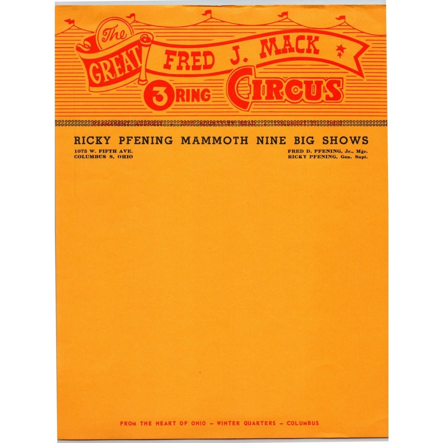 Scarce "Fred J. Mack 3 Ring Circus" Letterhead c1955 Ricky Pfening - Big Top