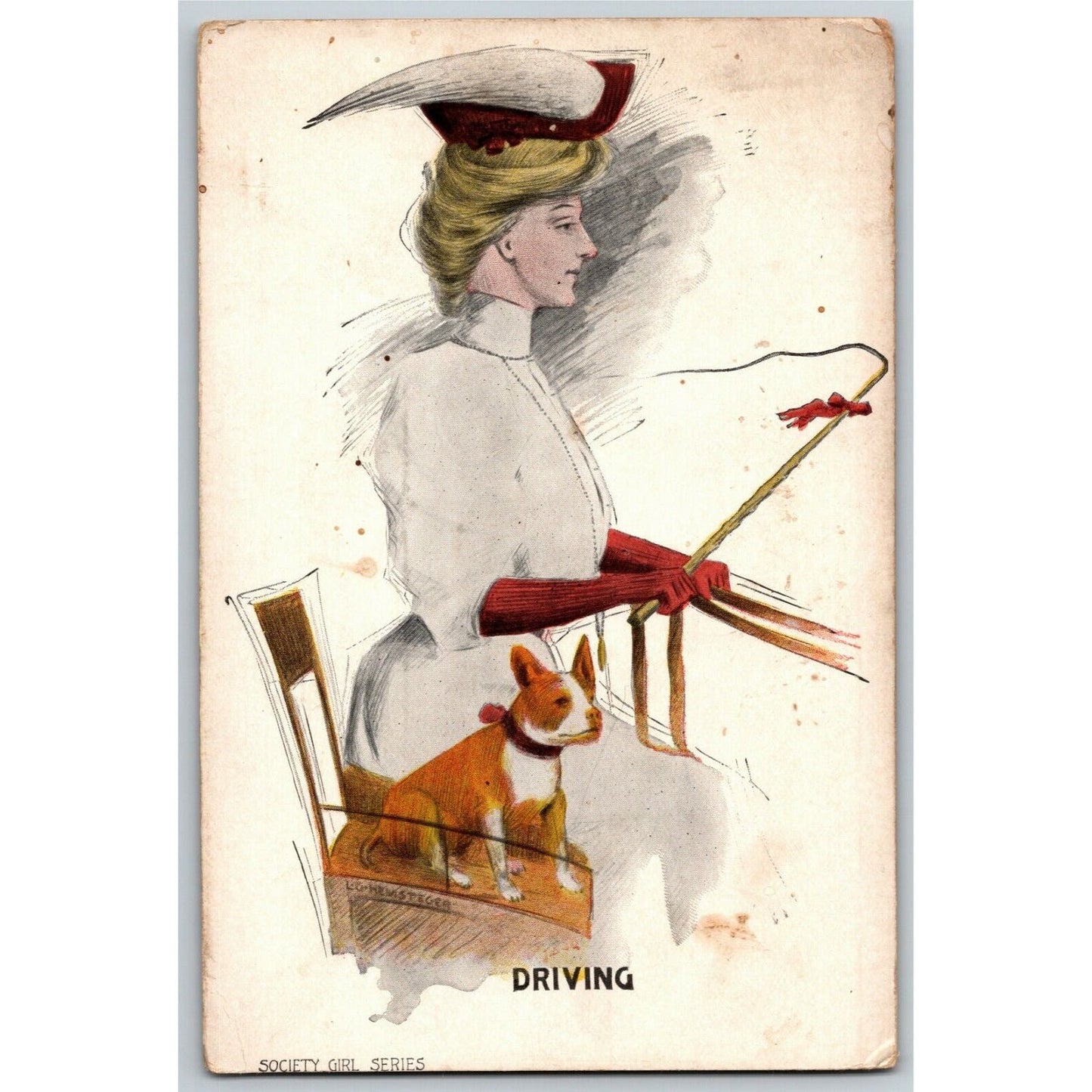 c1907 Society Girl Series "Driving" w/ Whip & Dog - Unposted Postcard