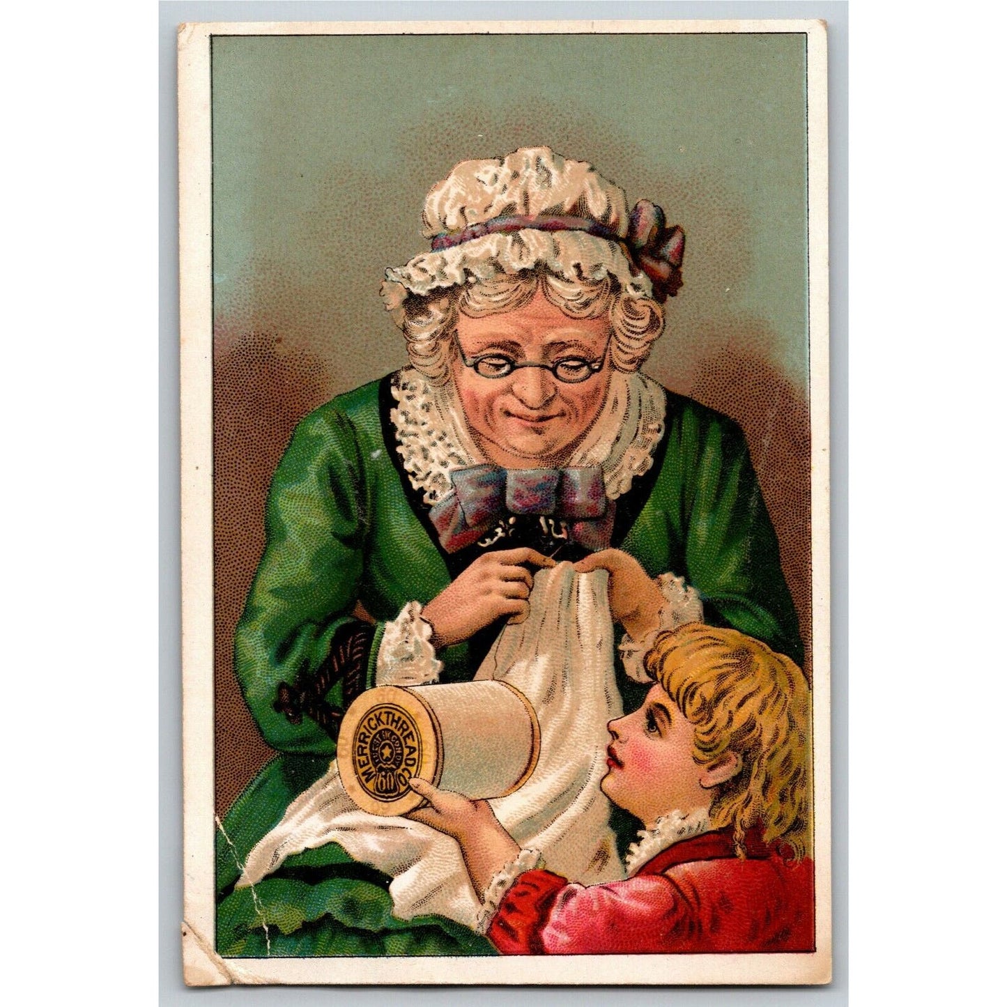 Victorian Trade Card Merrick Thread Grandma Knits w/ Child - Randolph, Ma