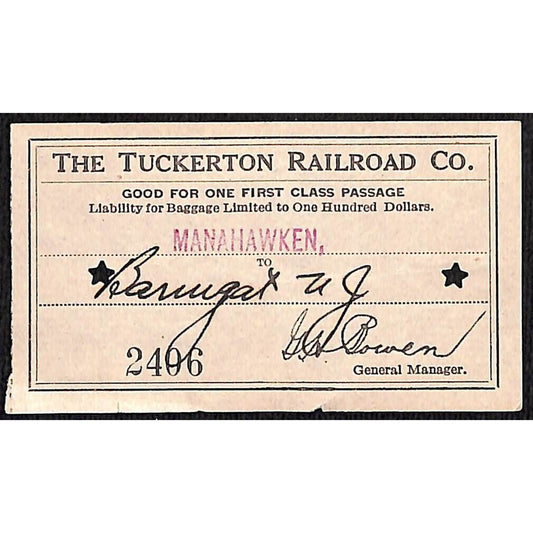 1931 Tuckerton Railroad First Class Ticket Manahawken, NJ Scarce #2406