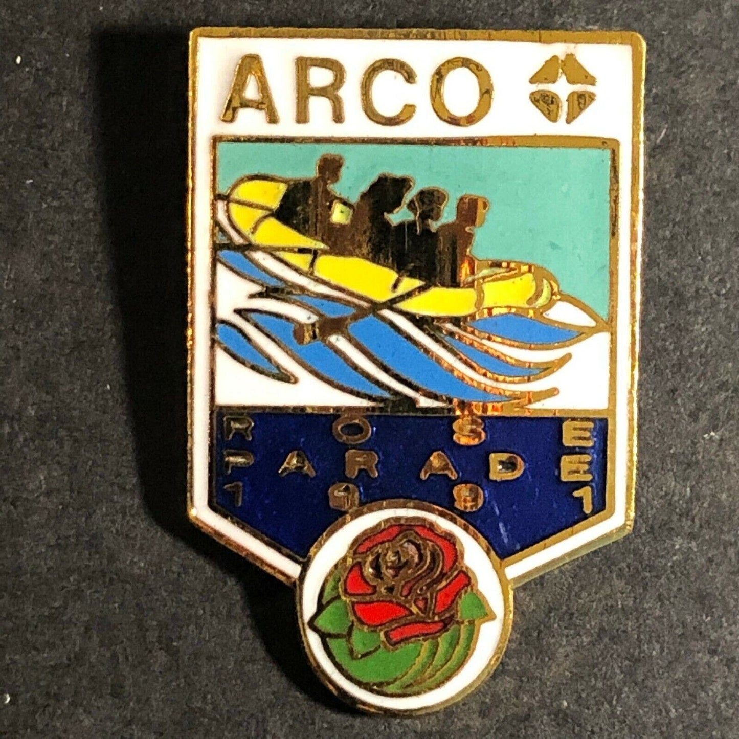 1991 ARCO Rose Parade Enameled Lapel Pin - White / Rapid Water Rafting