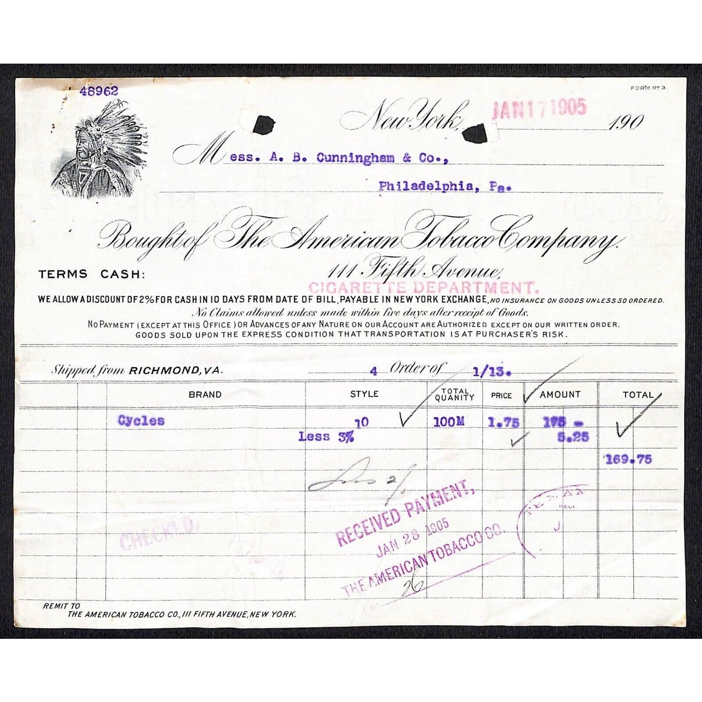 American Tobacco Co. 5th Ave NYC - Cunningham Co. 1905 Billhead w/ Indian Chief