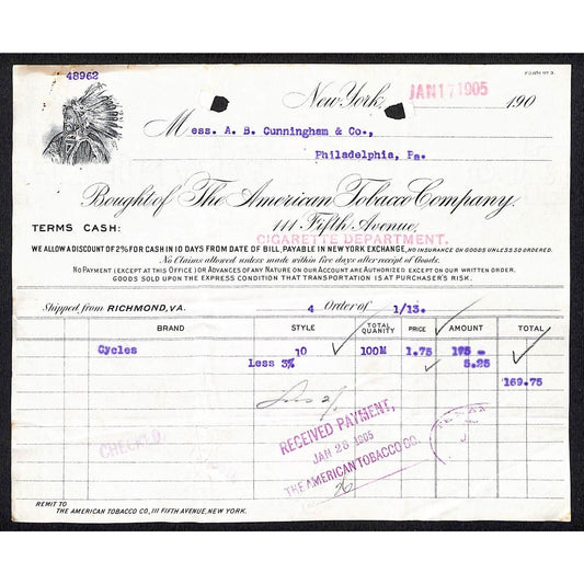 American Tobacco Co. 5th Ave NYC - Cunningham Co. 1905 Billhead w/ Indian Chief