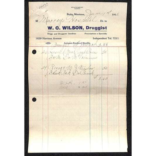 W.C. Wilson, Druggist Butte Montana 1915 Billhead Letterhead - Wilson Drug