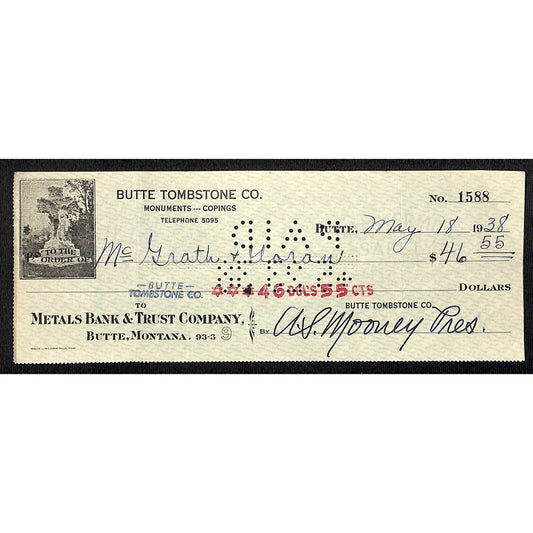 Butte Tombstone Company 1938 Bank Check / Metals Bank & Trust Butte Montana