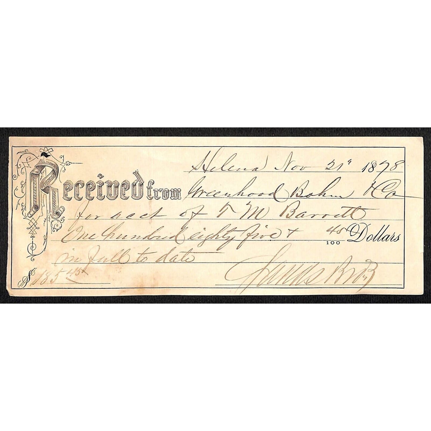 Helena Montana Greenhood Bohm & Co (Clothiers) 1878 Payment Receipt *Handwriting