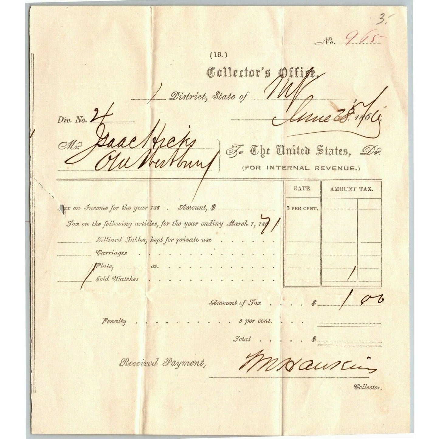 1871 Collector's Office Internal Revenue Payment Receipt for $1.00 Letter head