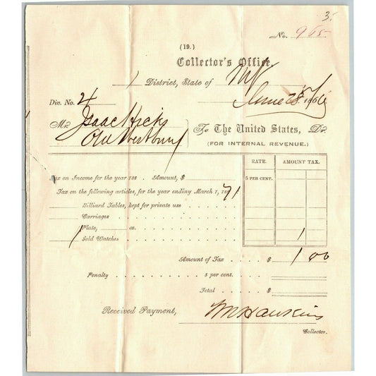 1871 Collector's Office Internal Revenue Payment Receipt for $1.00 Letter head