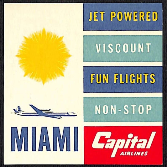 Capital Airlines Miami Airline Luggage Label Jet Powered Viscount w/ Sun
