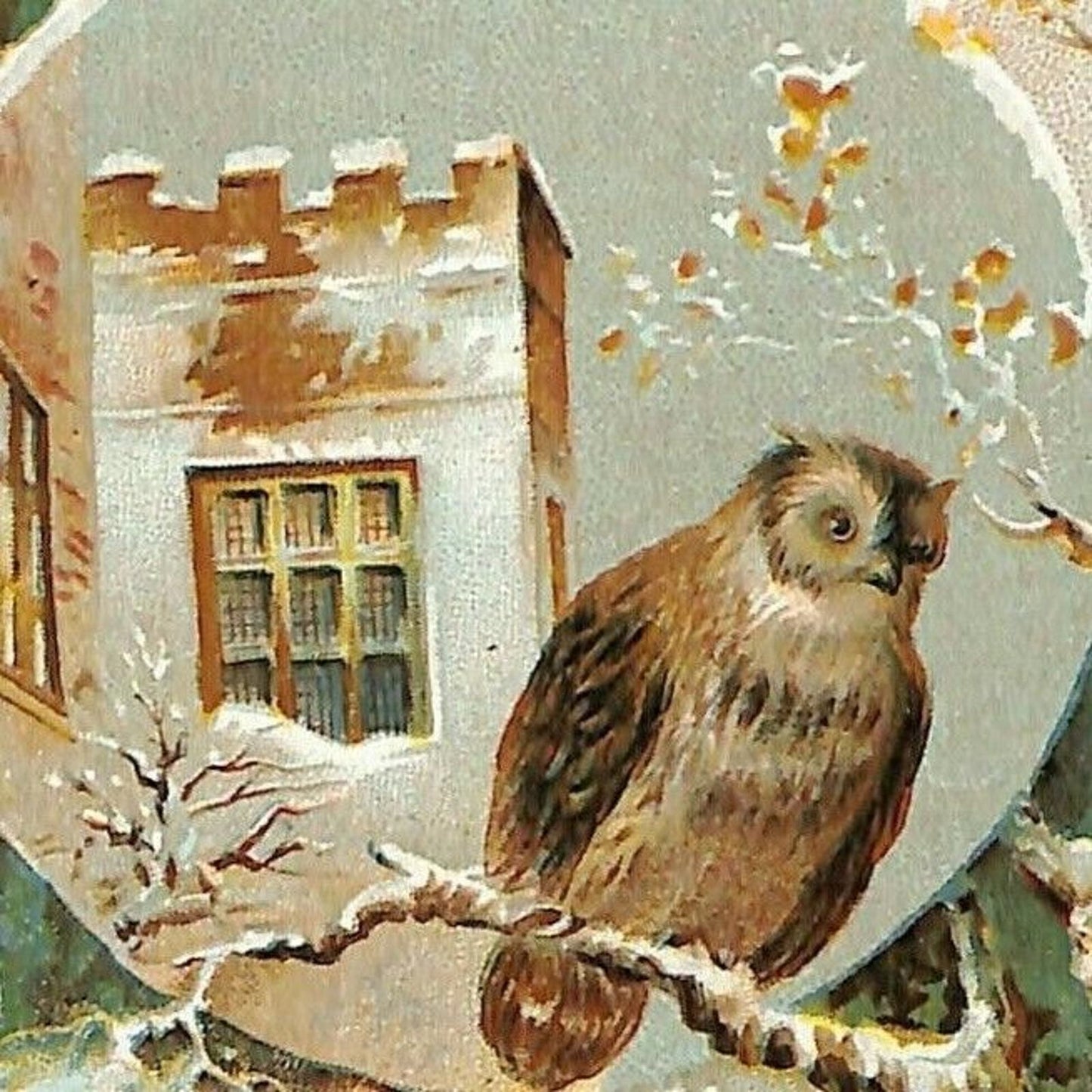 1880-90's Victorian Trade Card Malena Quack Remedy - Owl in Tree at Winter