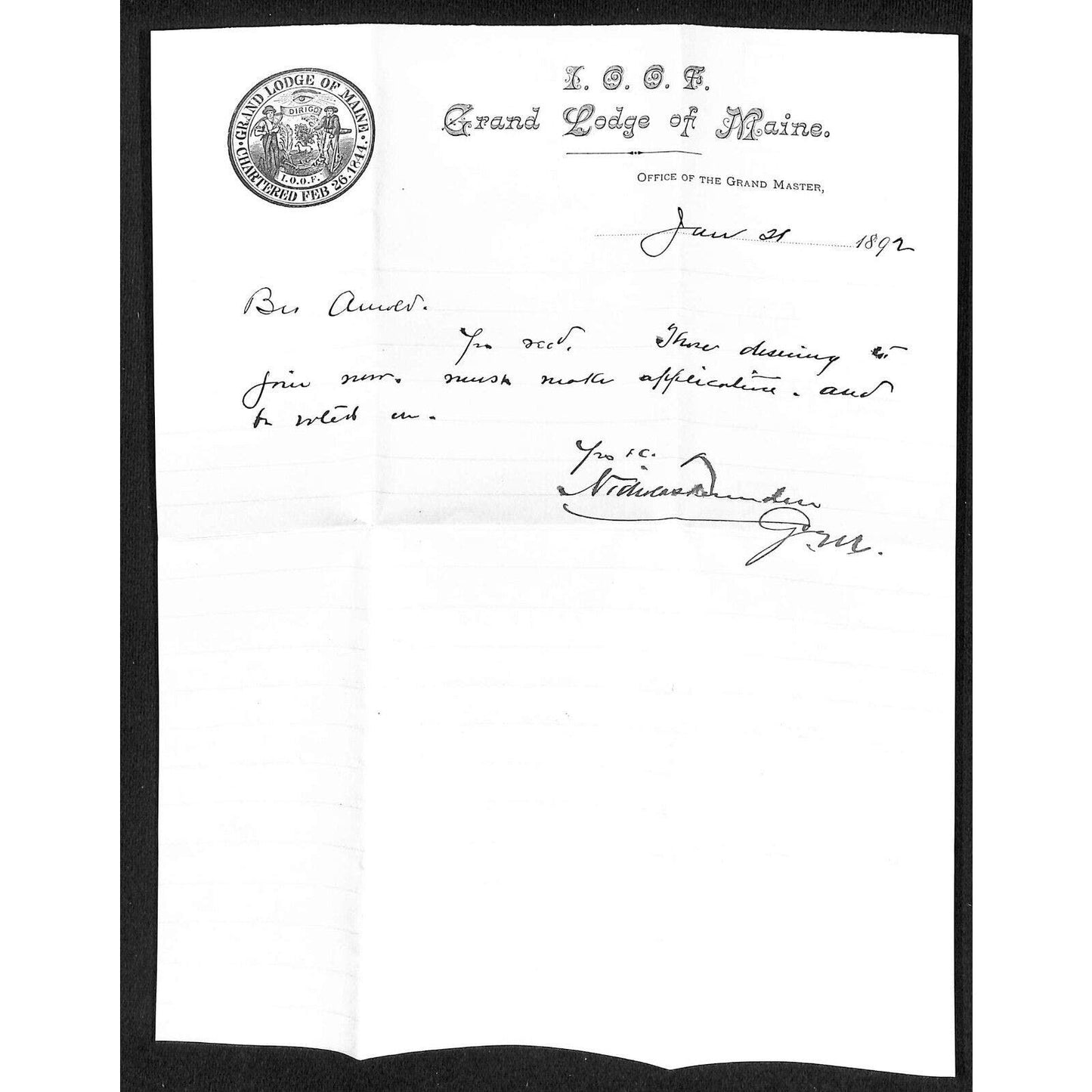 IOOF Grand Lodge of Maine 1892 Nicholas Fessenden Signed Note Letterhead + Cover