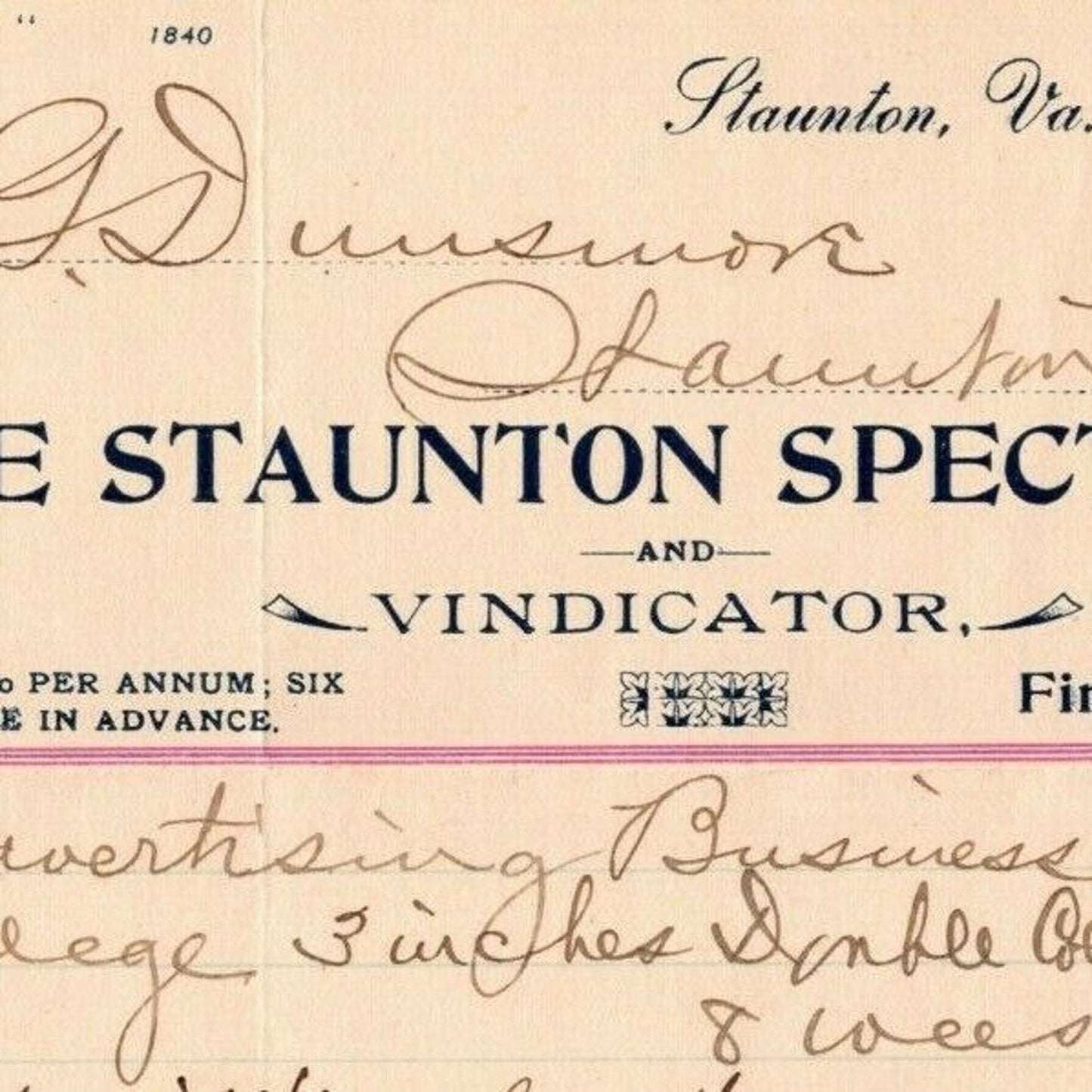 1902 Scarce Staunton Spectator and Vindicator Newspaper Billhead Letterhead VA