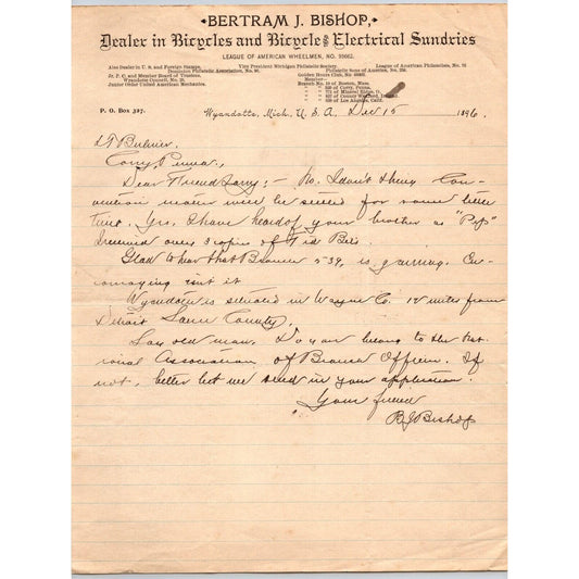 Bertram J. Bishop Bicycles & Electrical Sundries Wyandotte, MI 1896 Letterhead