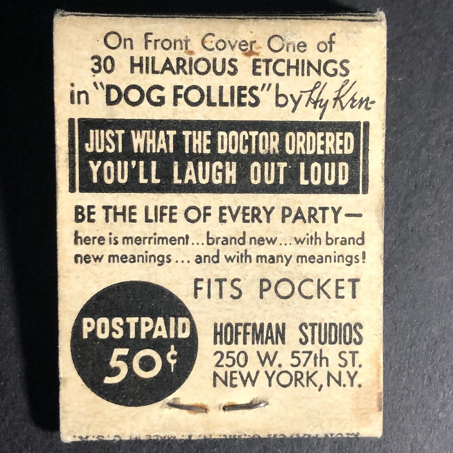 Hoffman Studio Dog Follies Mail In Full 20-Strike Matchbook c1939 VGC Scarce