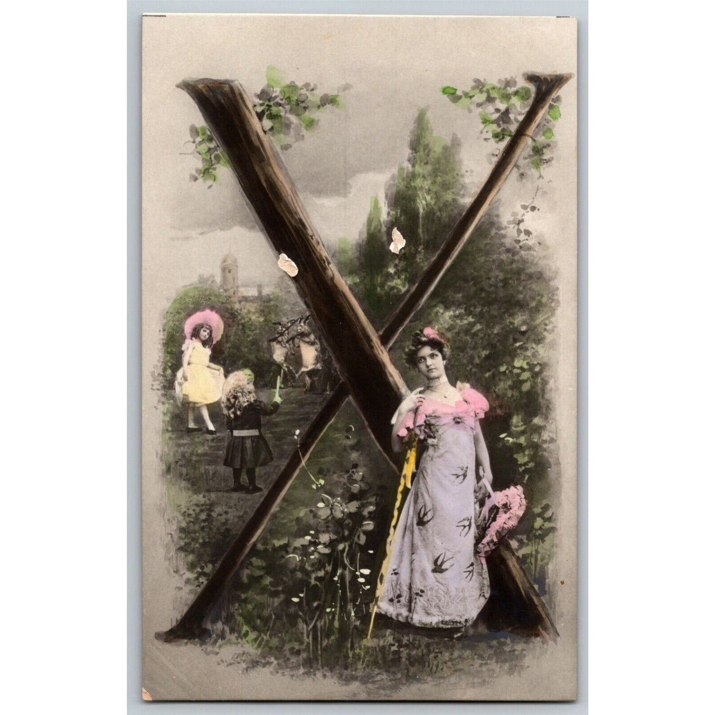 Scarce c1904 Vintage Large Letter Cyrillic Russian Monogram Postcard "Kha" Kids
