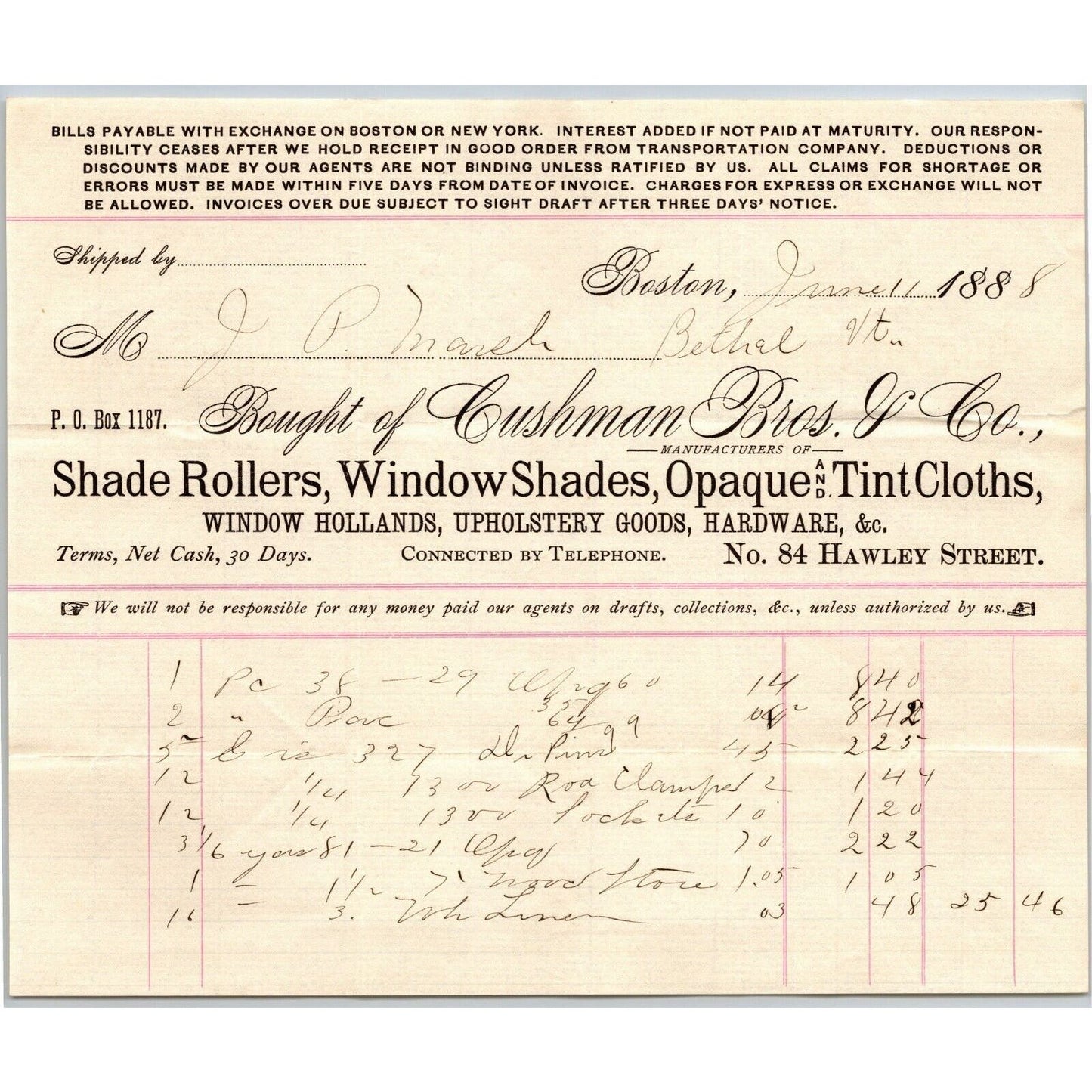 Boston, MA Cushman Bros. Tint Cloths 1888 Billhead JP Marsh Bethel, VT Scarce