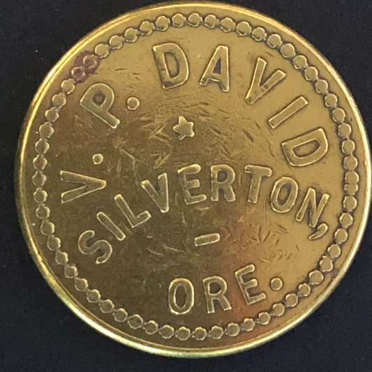 c1940's 22.3mm V. P. David (Amusement) Silverton, ORE Brass Token - Fauver Coll.