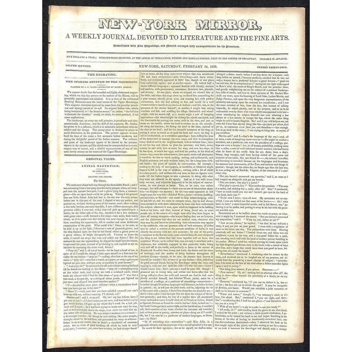 New-York Mirror Weekly Journal Literature Fine Arts Newspaper 2/16/1839