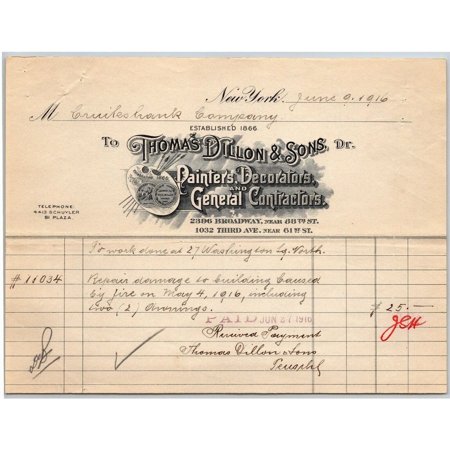 1916 "Thomas Dillon & Sons" General Contractors Billhead Letterhead 3rd Ave NYC