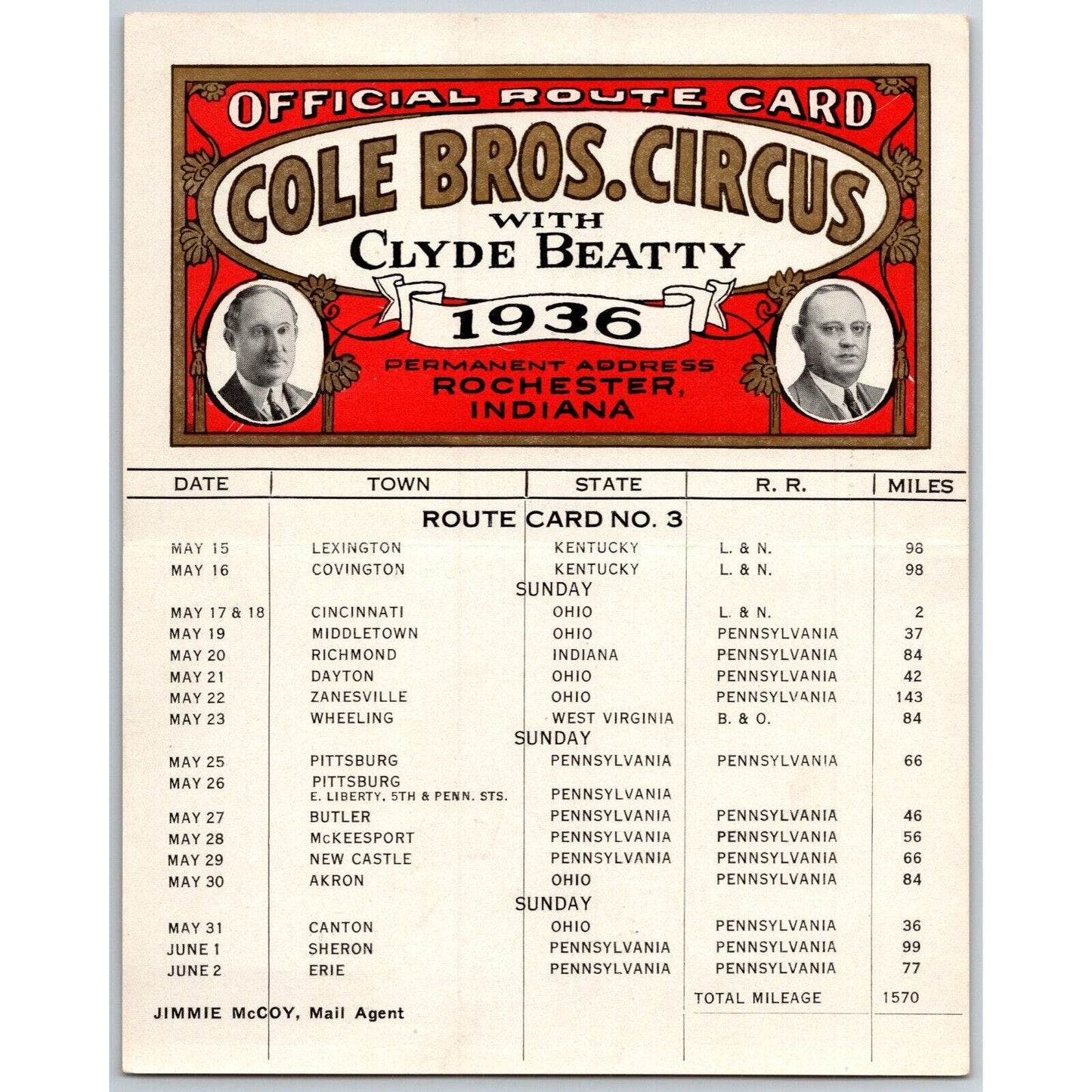 1936 Cole Bros with Clyde Beatty Circus Route Card KY OH WV PA