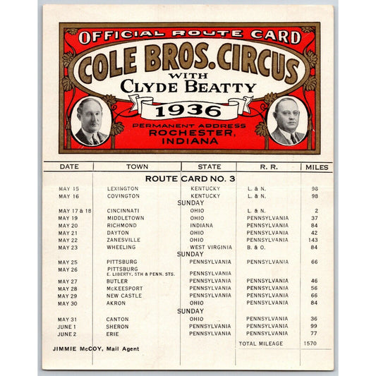 1936 Cole Bros with Clyde Beatty Circus Route Card KY OH WV PA