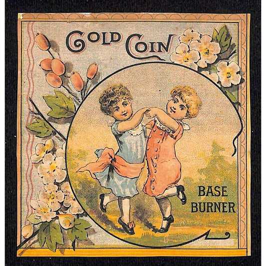 Gold Coin Base Burner Victorian Trade Card - Two Girls / Children Dancing