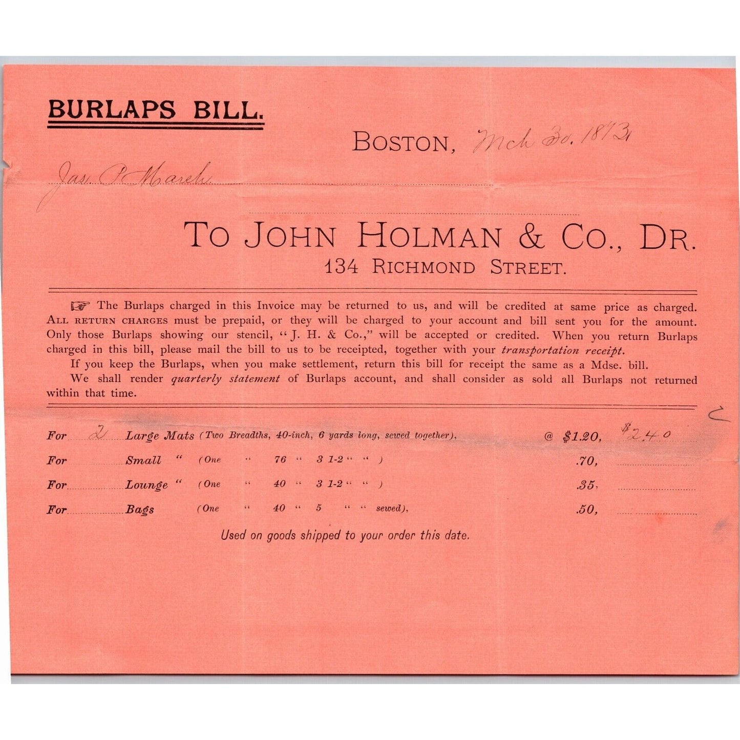 Boston, MA Richmond Street. John Holman & Co. Burlaps 1886 Billhead Scarce
