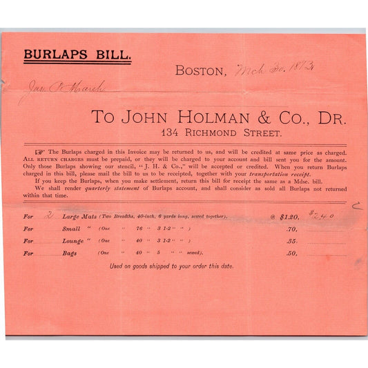 Boston, MA Richmond Street. John Holman & Co. Burlaps 1886 Billhead Scarce