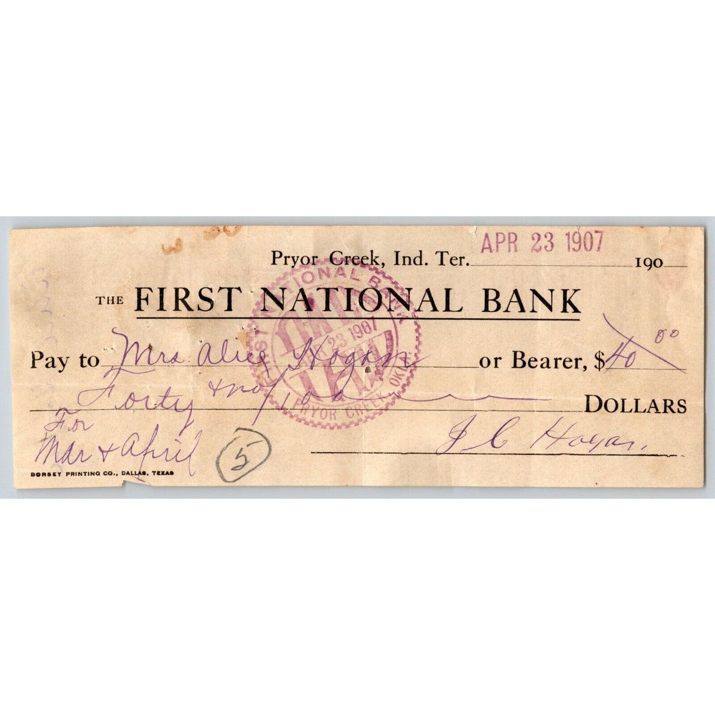Pryor Creek, OK 1907 Indian Territory FNB Bank Check - Scarce