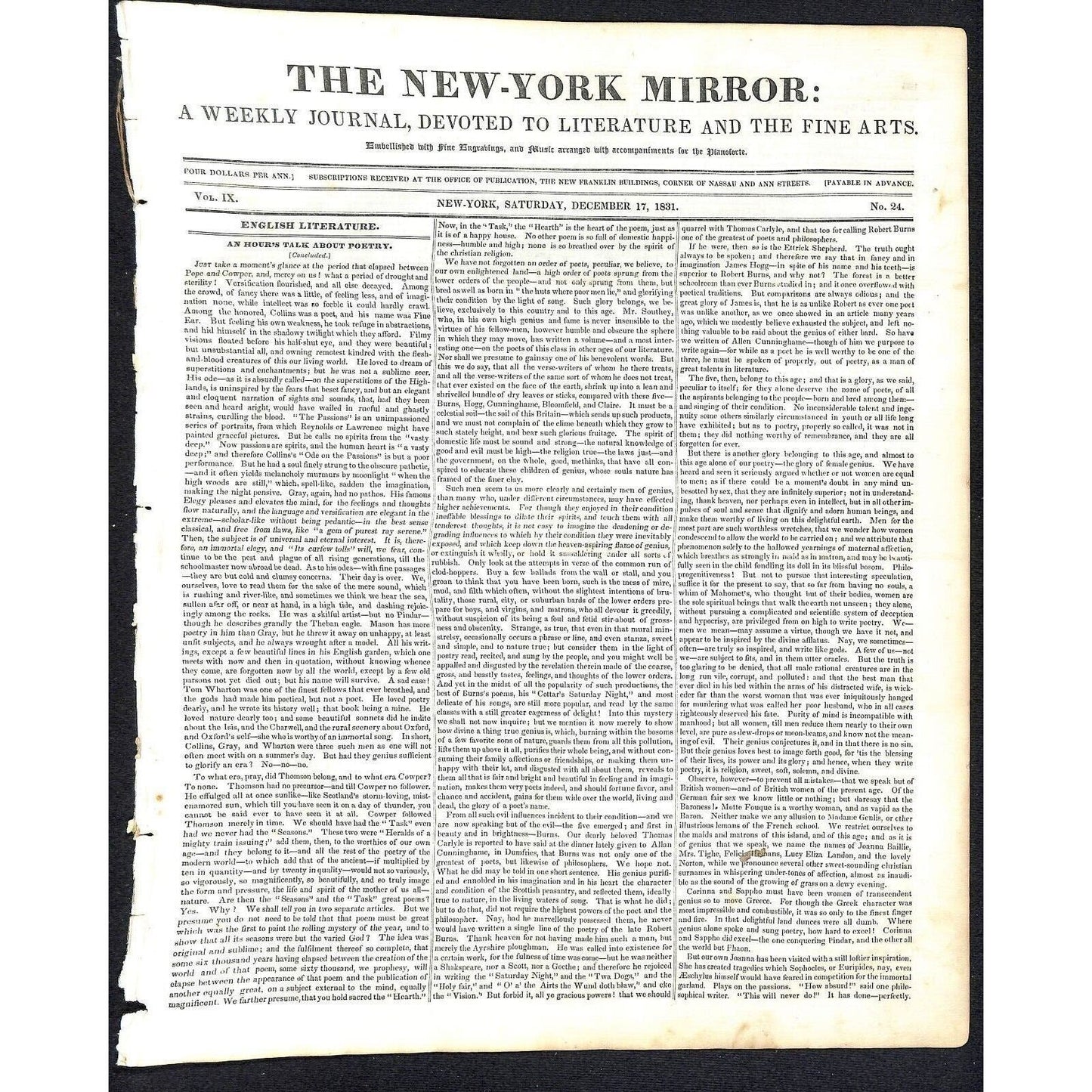 New-York Mirror Weekly Journal Literature Fine Arts Newspaper 12/17/31 8pp