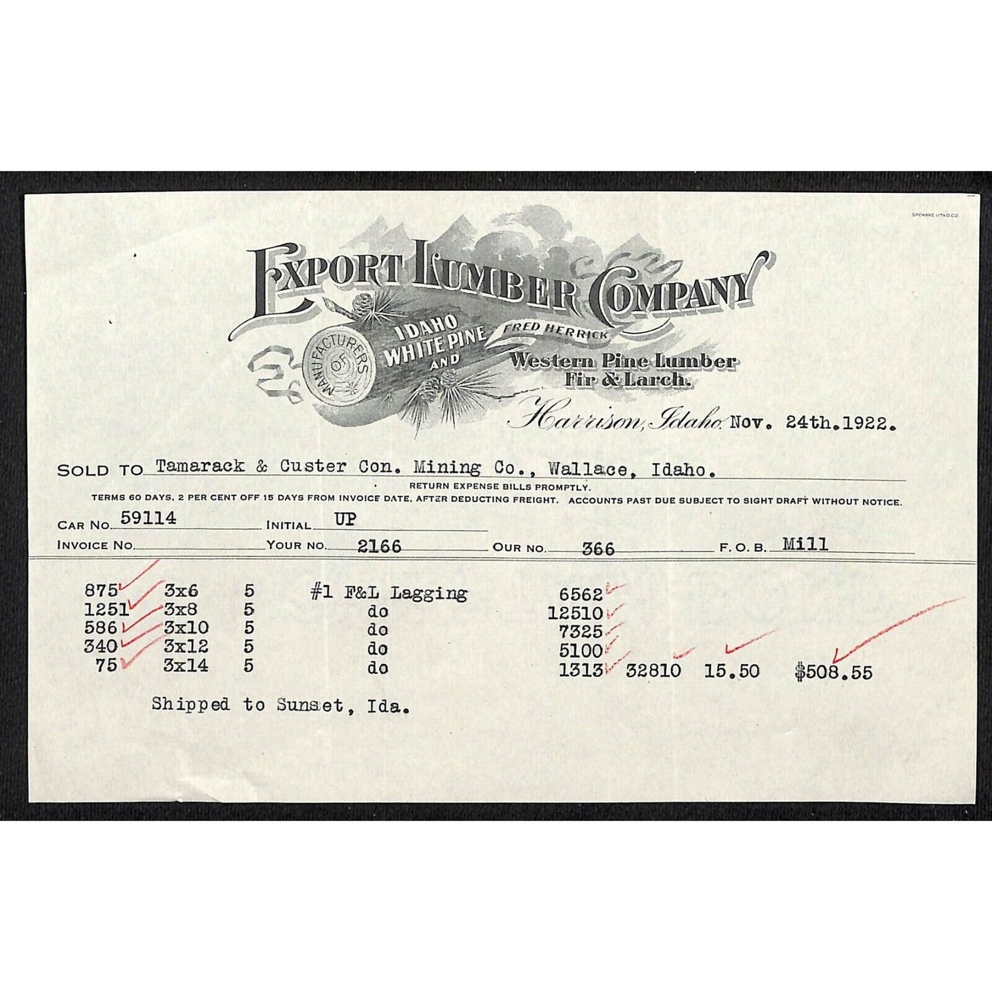 Harrison, Idaho "Export Lumber Company" Tamarack Mining 1922 Billhead Scarce