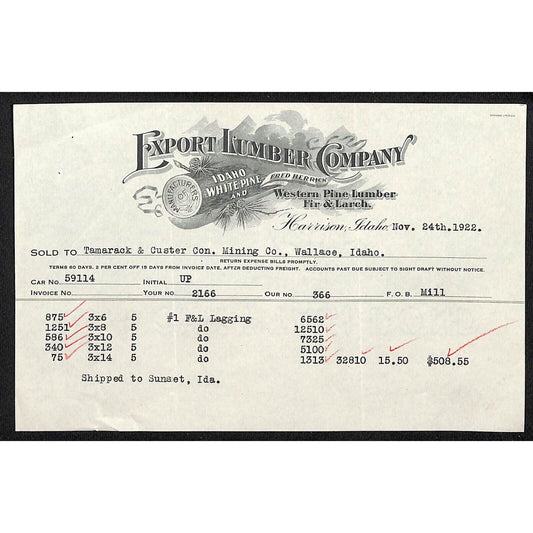 Harrison, Idaho "Export Lumber Company" Tamarack Mining 1922 Billhead Scarce