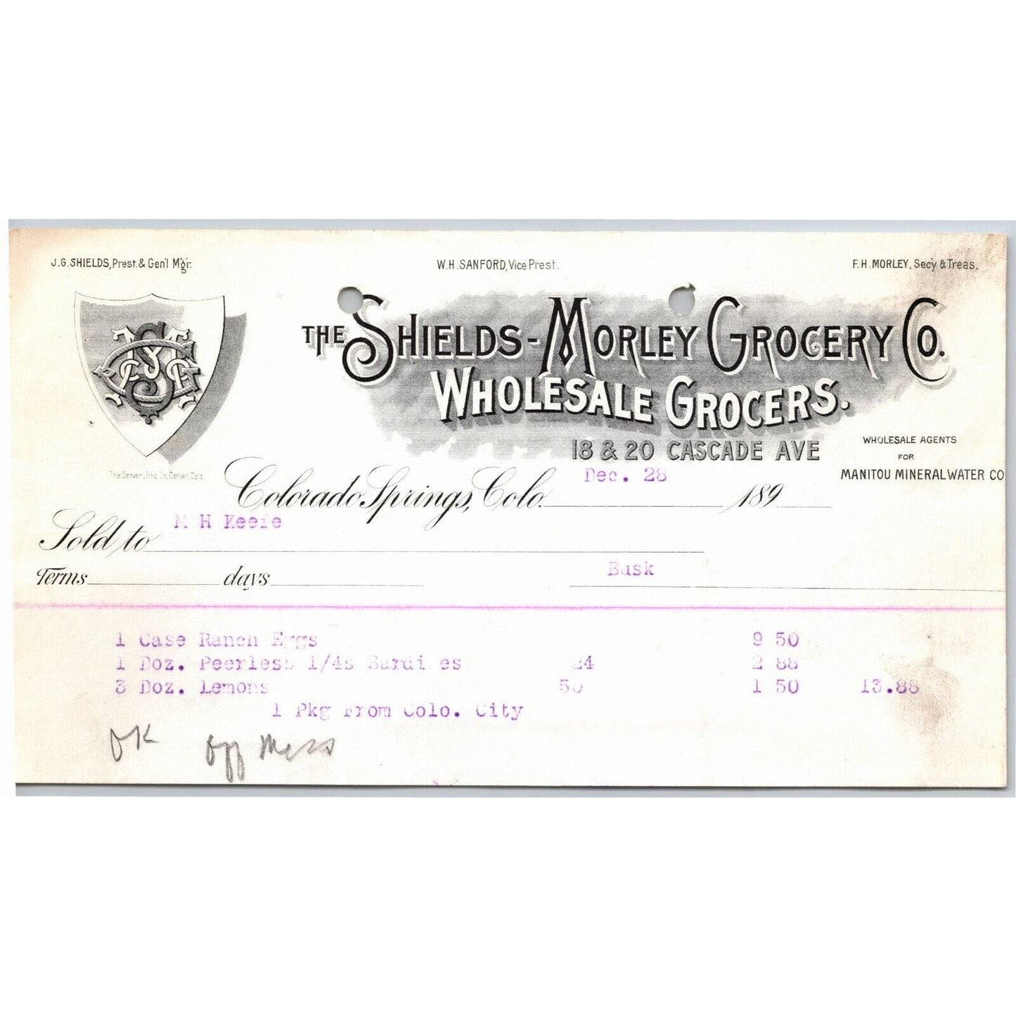 c1895 Shields-Morley Grocery Co. Colorado Springs Letterhead M.H. Keefe Lemons