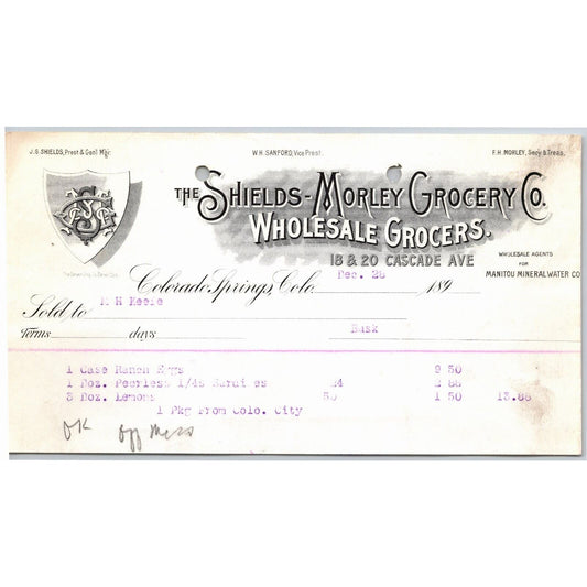 c1895 Shields-Morley Grocery Co. Colorado Springs Letterhead M.H. Keefe Lemons