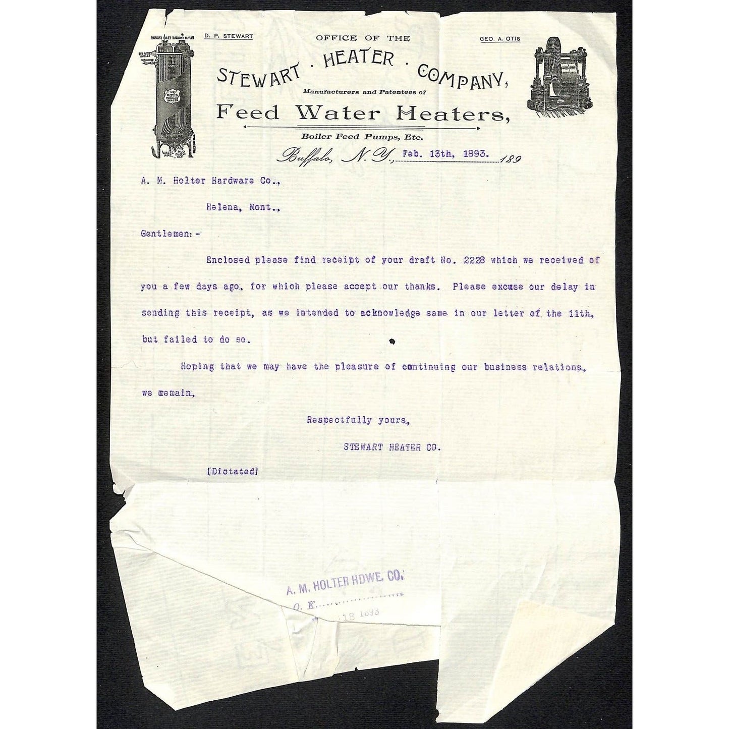 Buffalo, NY Stewart Heater Company "Feed Water Heaters" 1893 Letterhead Scarce