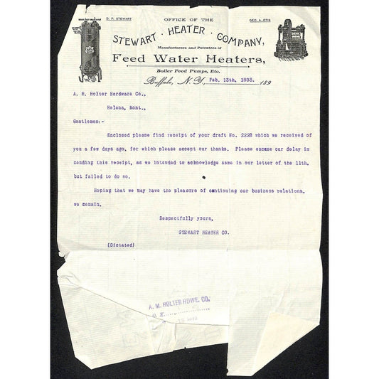 Buffalo, NY Stewart Heater Company "Feed Water Heaters" 1893 Letterhead Scarce