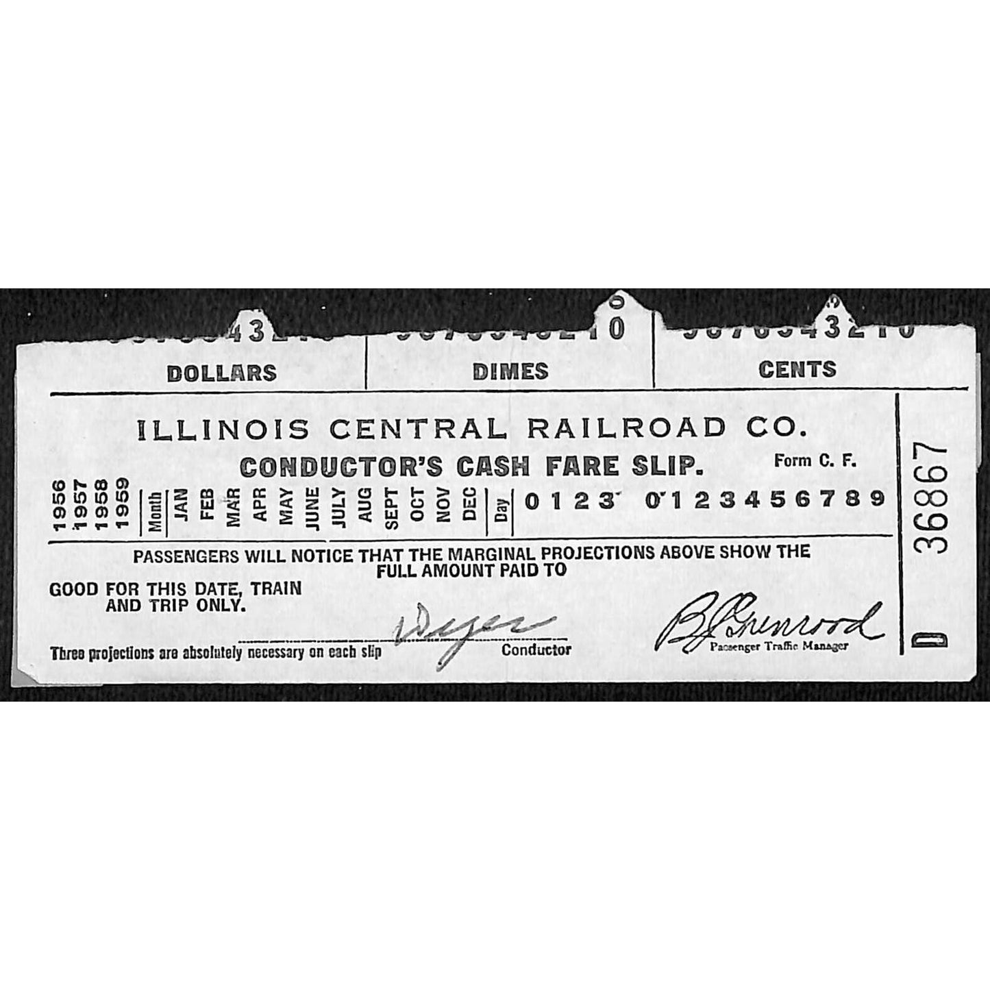 Illinois Central Railroad 1956 Cash Fare Slip Ticket #36867