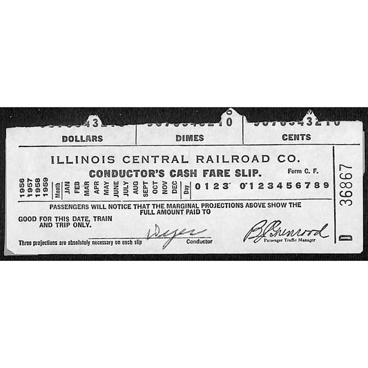 Illinois Central Railroad 1956 Cash Fare Slip Ticket #36867
