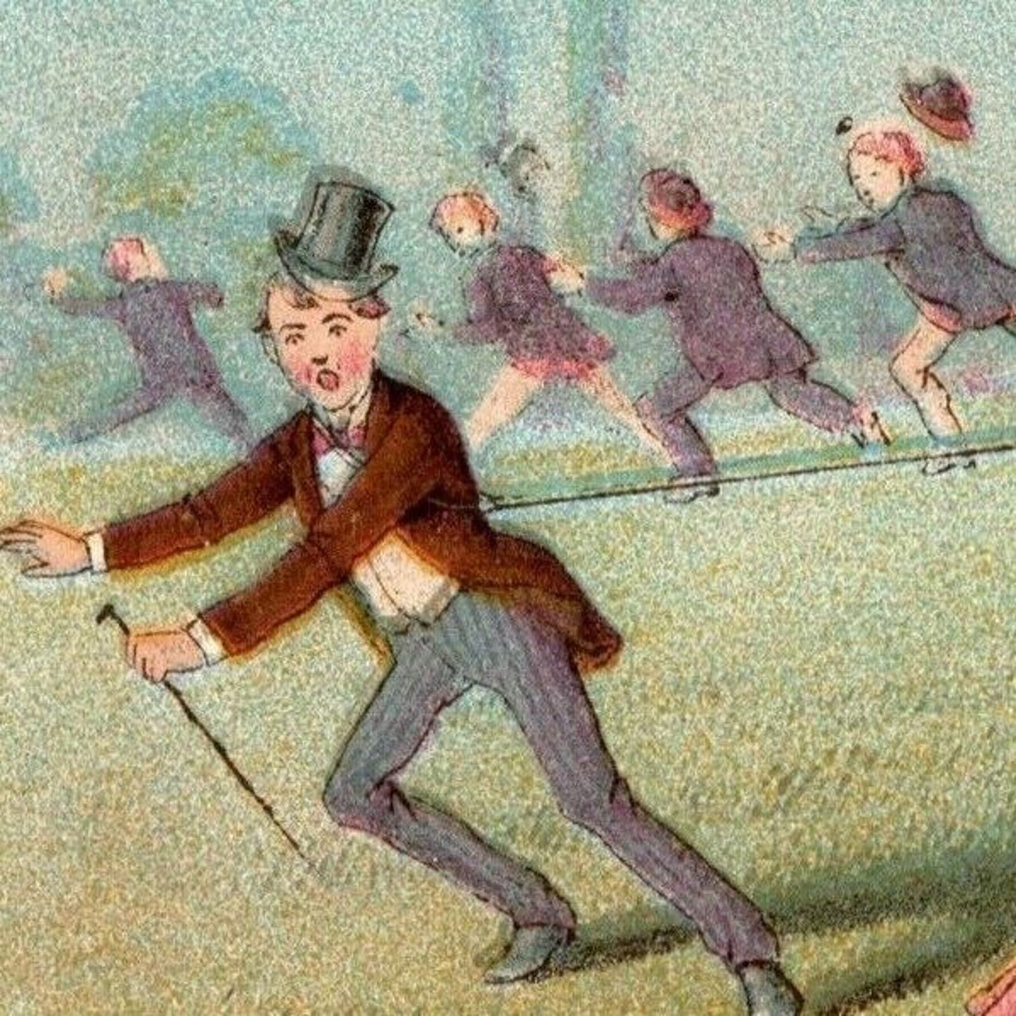 Victorian Trade Card Eureka Spool Silk - 2 Women Lassoing Men Running Away
