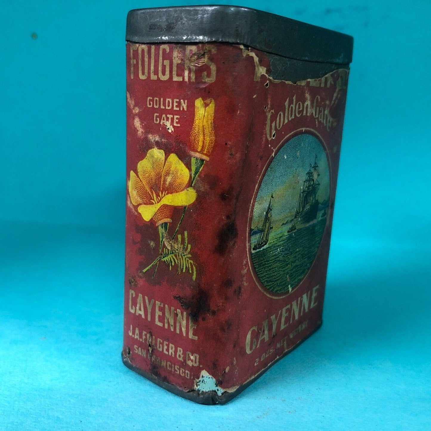 Folger's Golden Gate Cayenne Spice Tin 3 3/8"h c1910 Paper Label Scarce