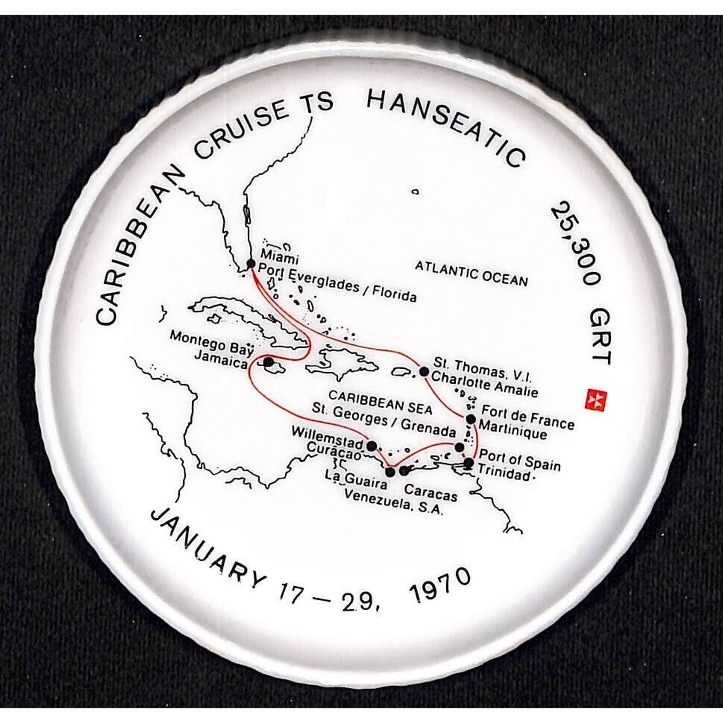 Caribbean Cruse TS Hanseatic Hamburg AL 1970 Ceramic Tip Tray w/ Route Map VGC