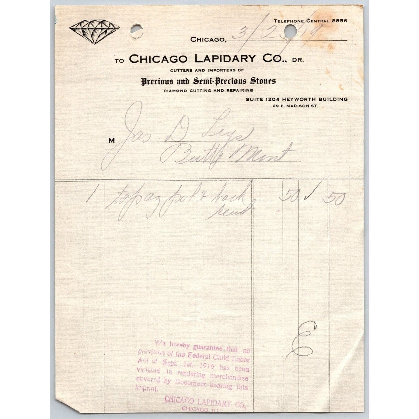 Chicago Lapidary Co. Diamond Cutting "Leys" Butte, MT 1919 Billhead - Receipt