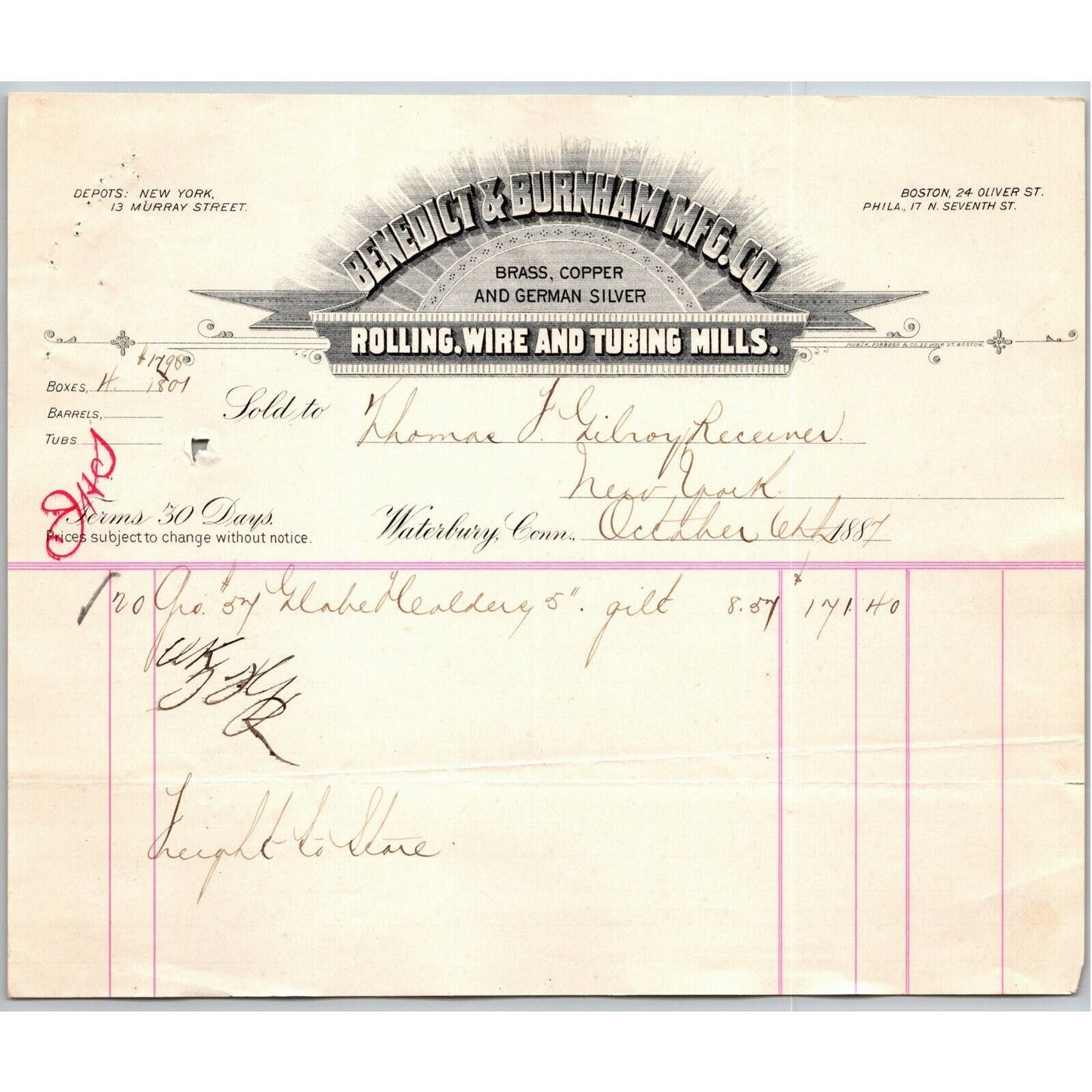 1887 "Benedict & Burnham Mfg. Co" Brass Billhead Letterhead Waterbury - CONN
