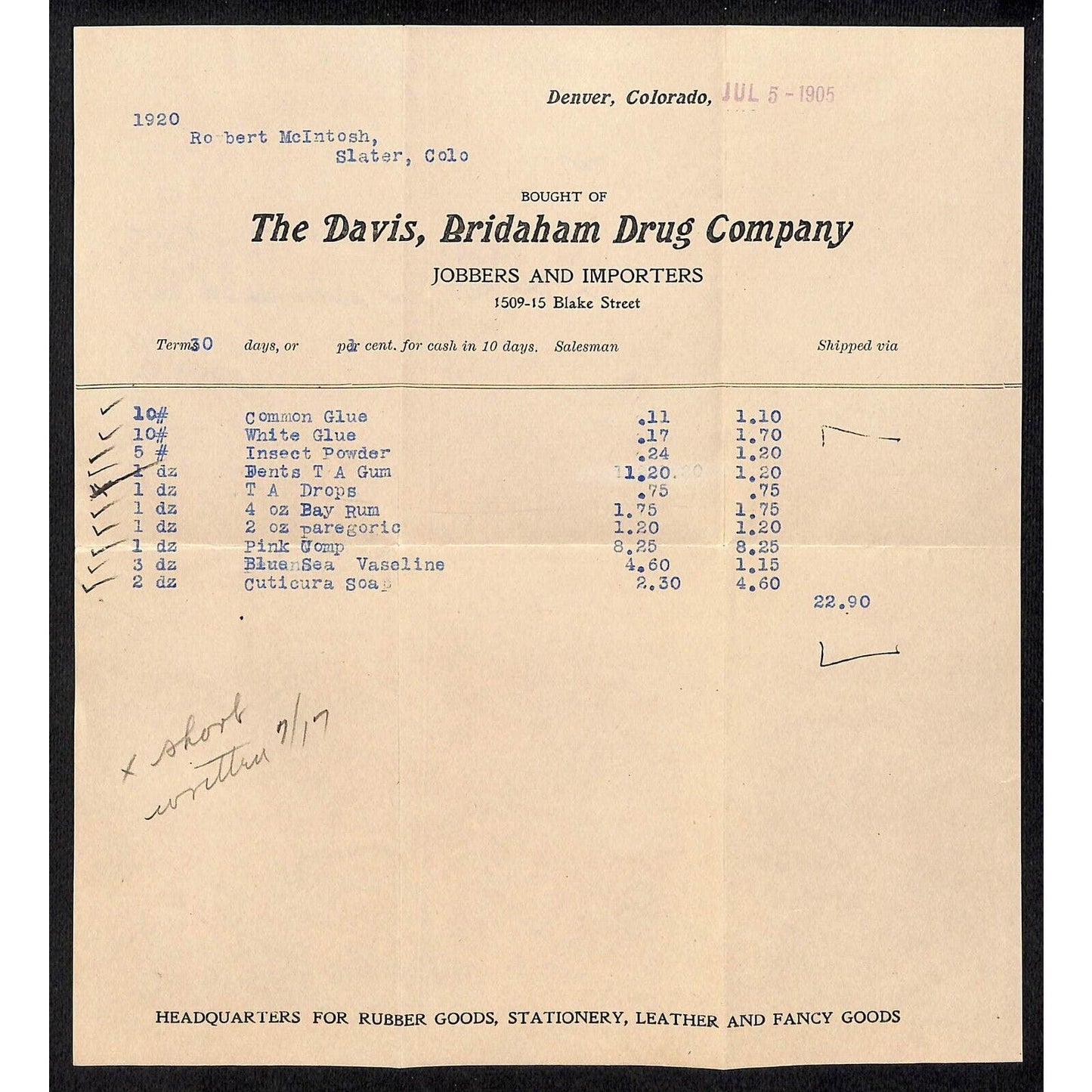 Denver, CO Davis, Bridaham Drug Company 1905 Billhead